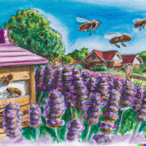 Dall-e's Bees and Beehive Amongst Lavender Flowers